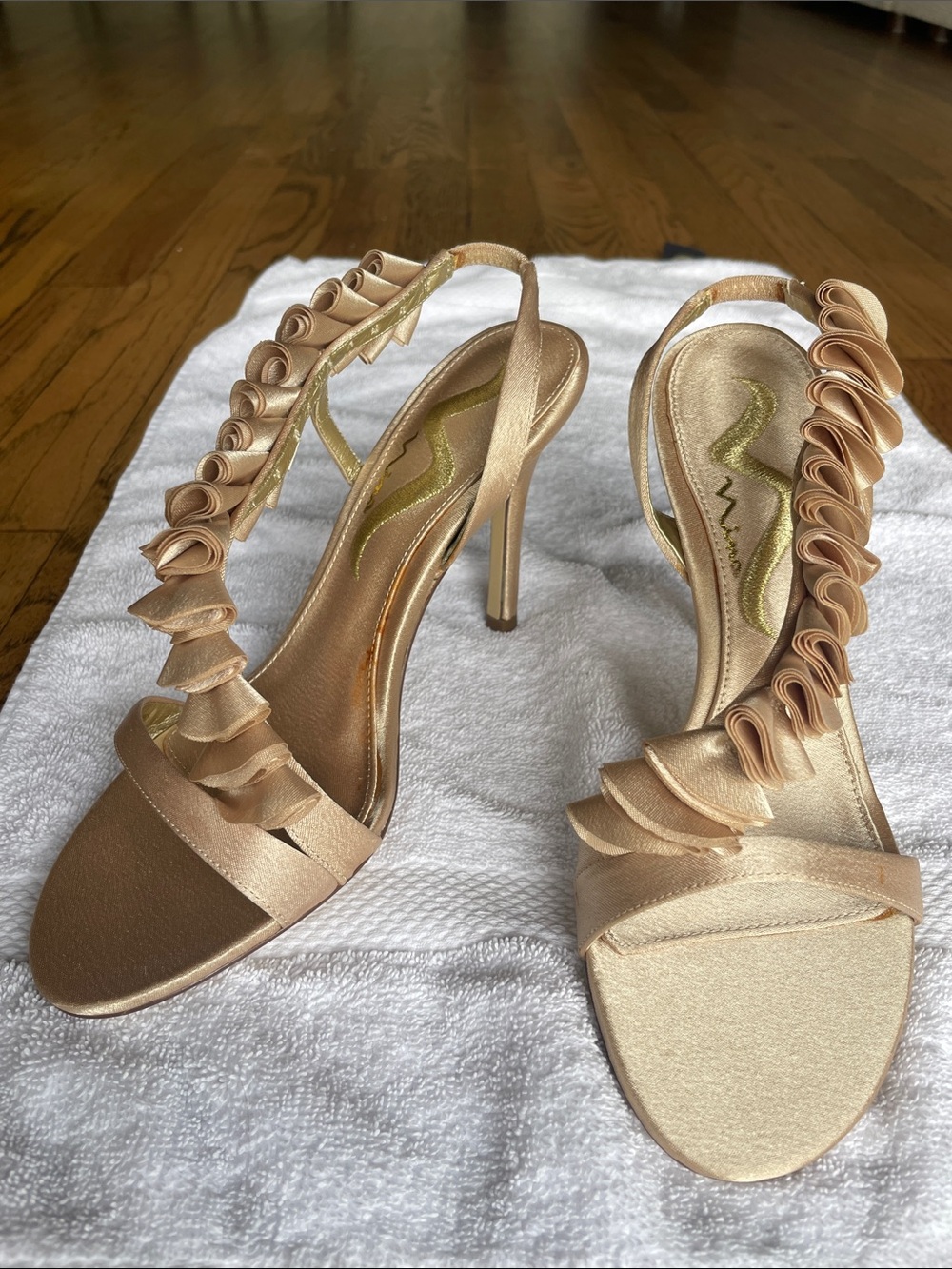 Nina Champagne Satin Ruffle Slingback Heels